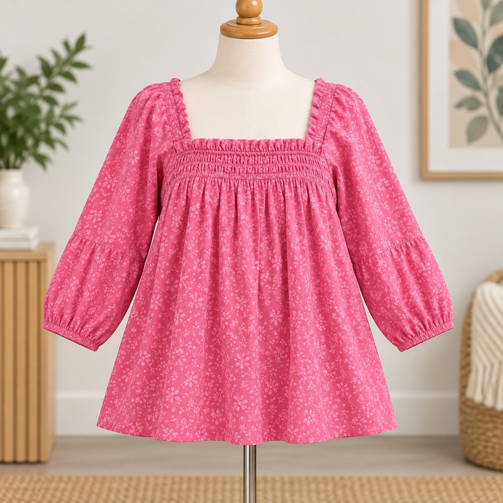 NEW Denim & Co Blouse Womens Medium Pink Floral Smocked Square Neck 3/4 Sleeve